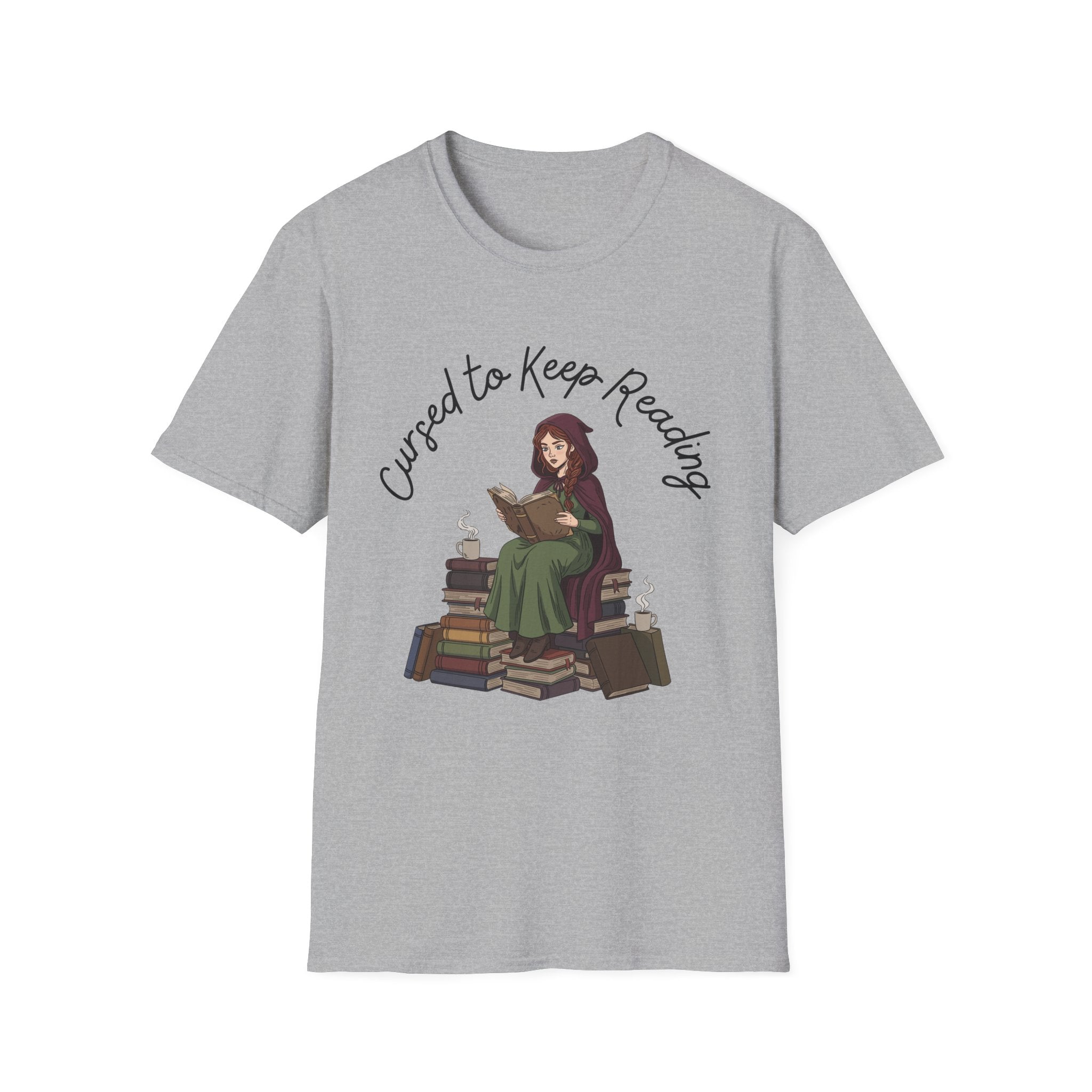 Cursed To Keep Reading - Reading Witch Sitting on a Pile of Books Graphic T-Shirt