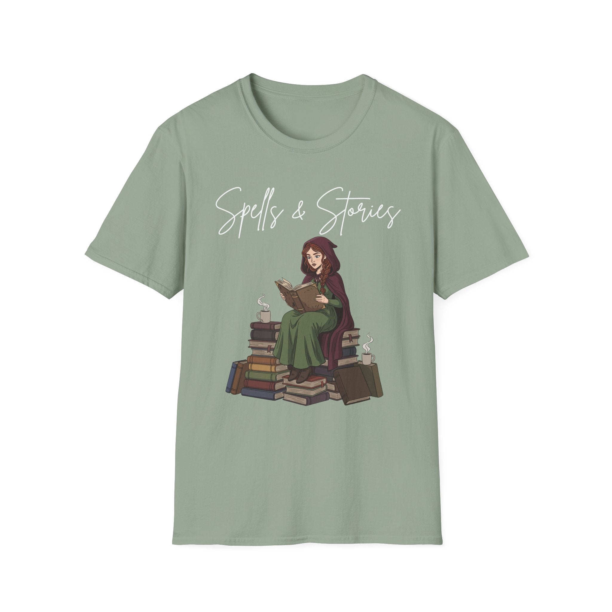 Spells & Stories - Reading Witch Sitting on a Pile of Books Graphic T-Shirt