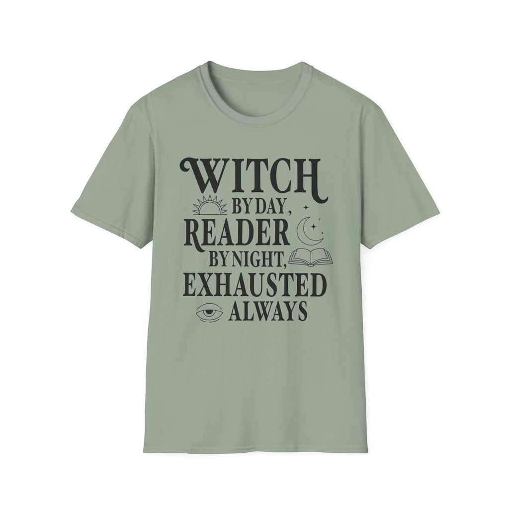 Witch by day, reader by night, exhausted always - Typography T-Shirt