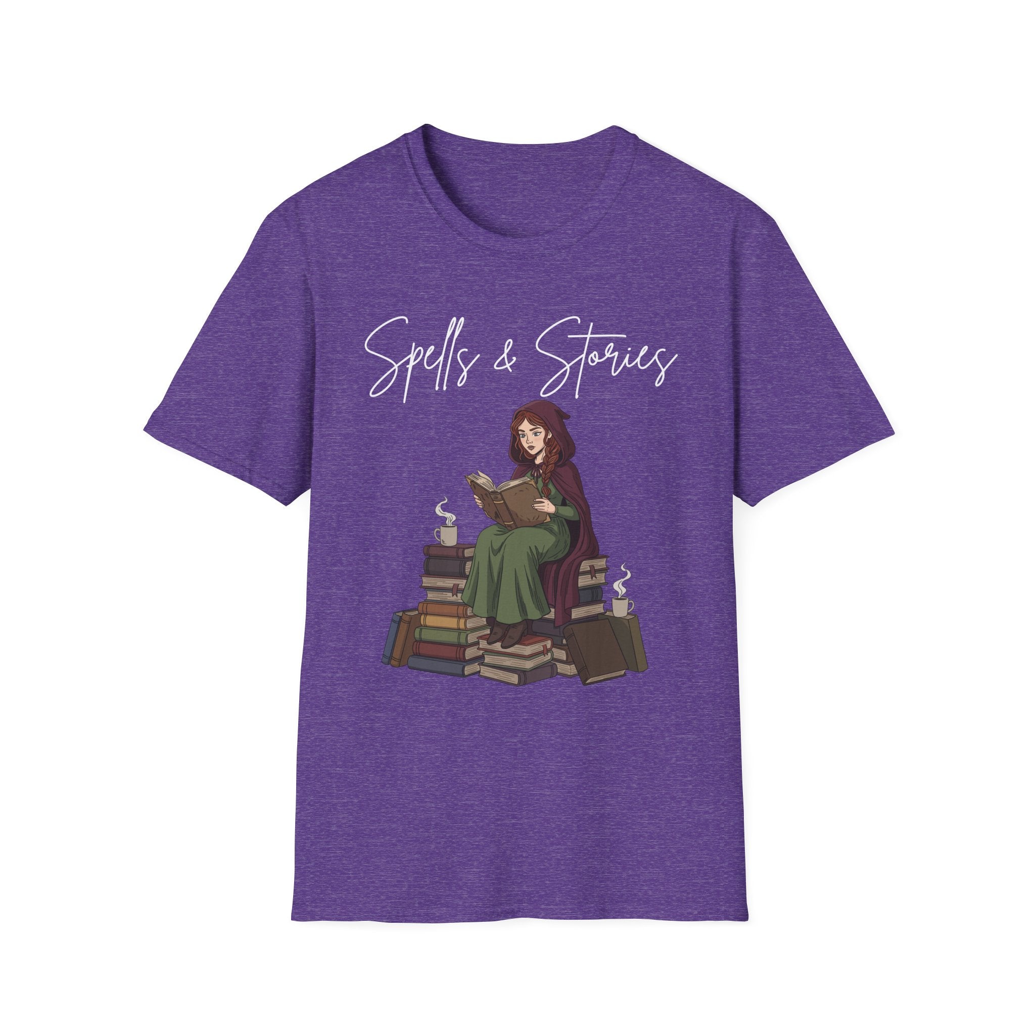 Spells & Stories - Reading Witch Sitting on a Pile of Books Graphic T-Shirt