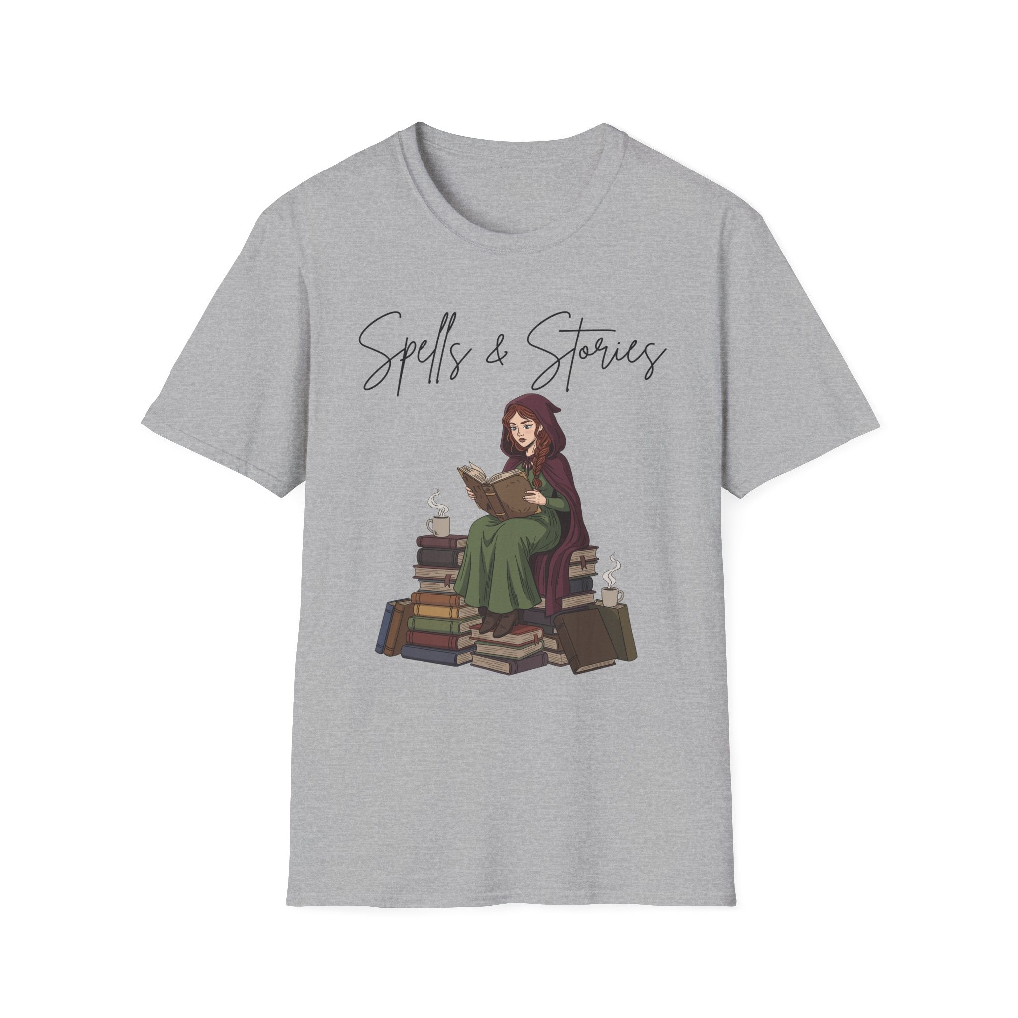 Spells & Stories - Reading Witch Sitting on a Pile of Books Graphic T-Shirt