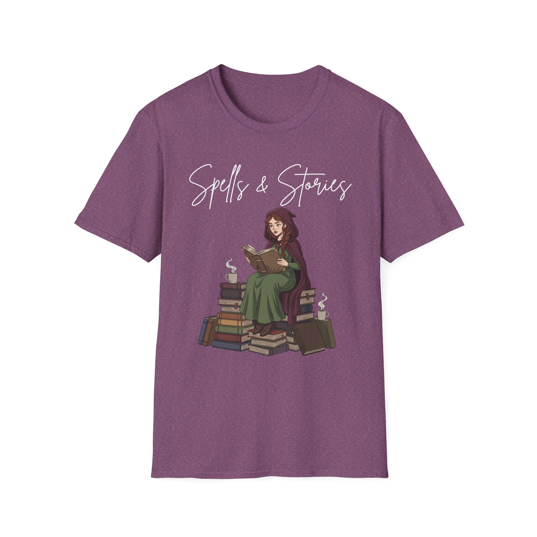 Spells & Stories - Reading Witch Sitting on a Pile of Books Graphic T-Shirt