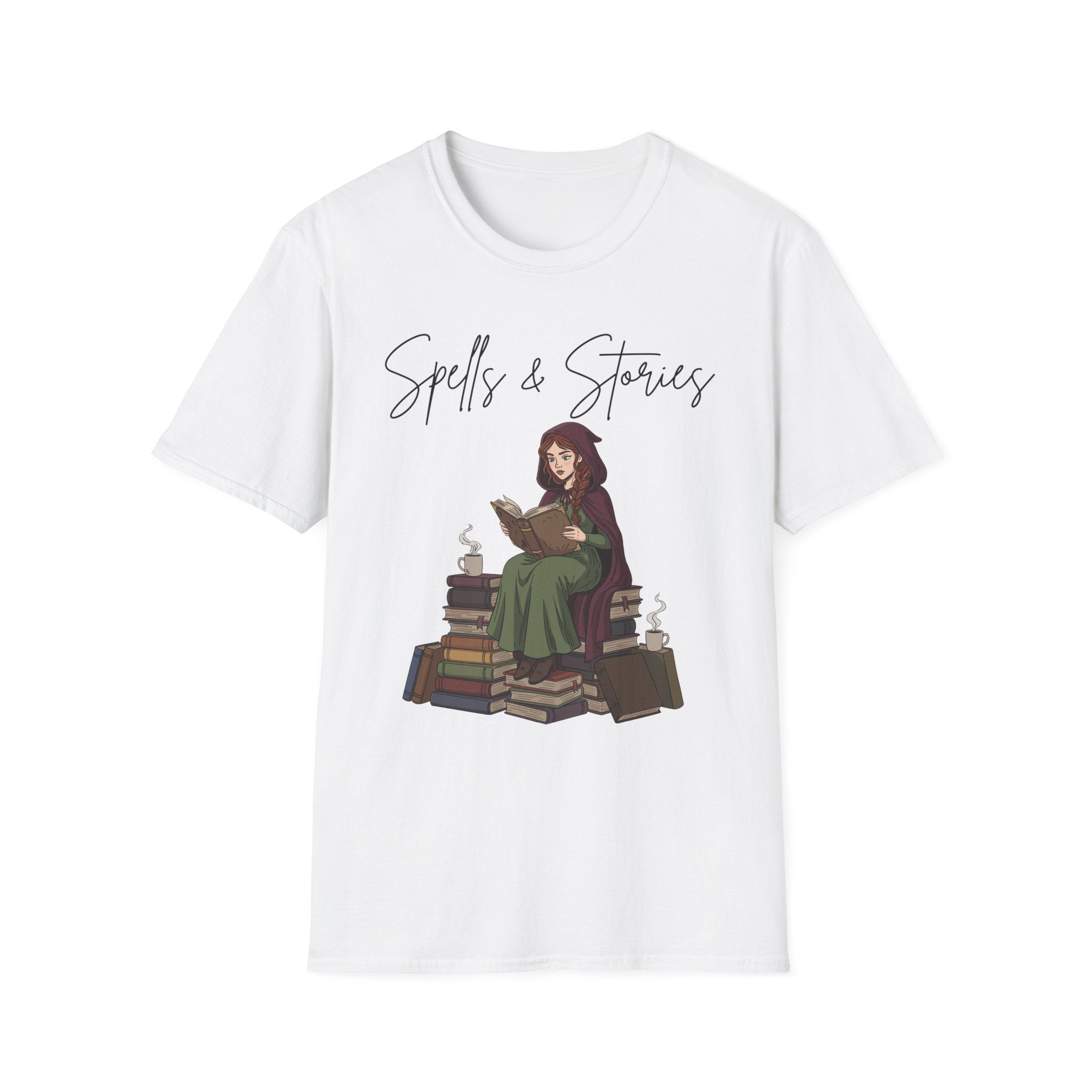 Spells & Stories - Reading Witch Sitting on a Pile of Books Graphic T-Shirt