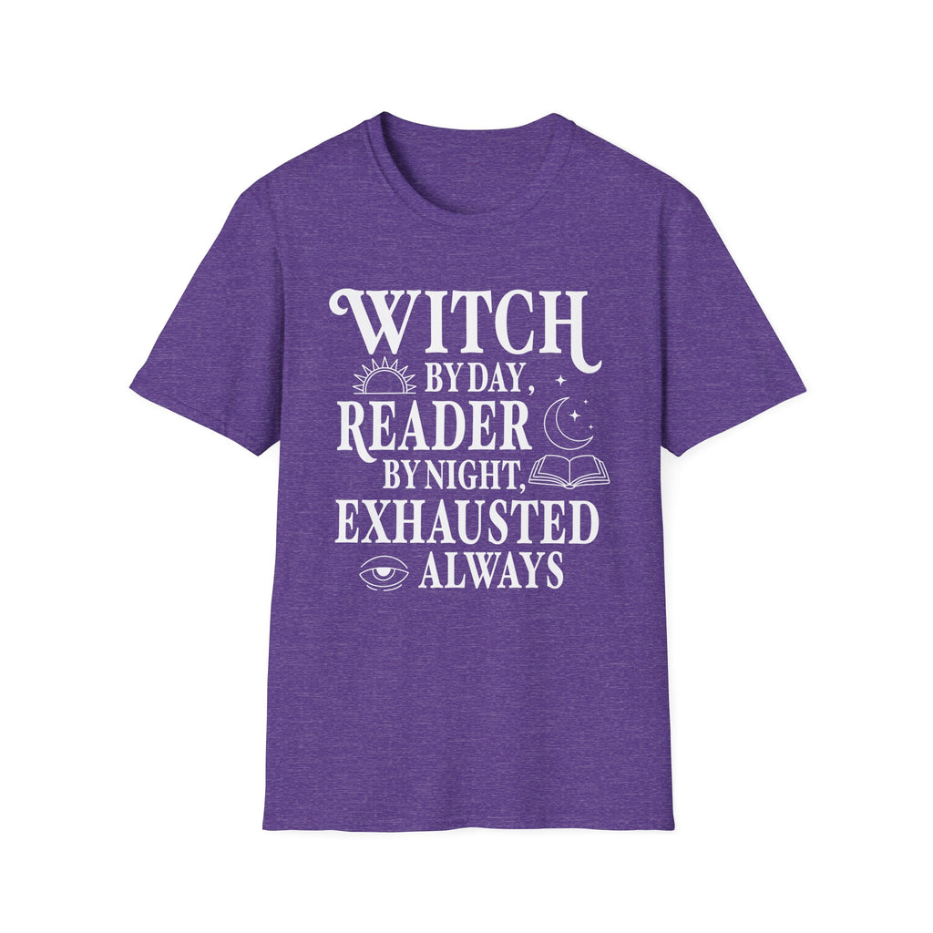 Witch by day, reader by night, exhausted always - Typography T-Shirt