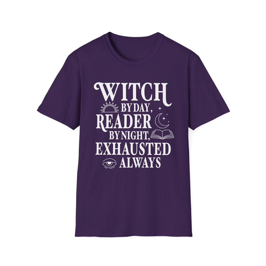 Witch by day, reader by night, exhausted always - Typography T-Shirt