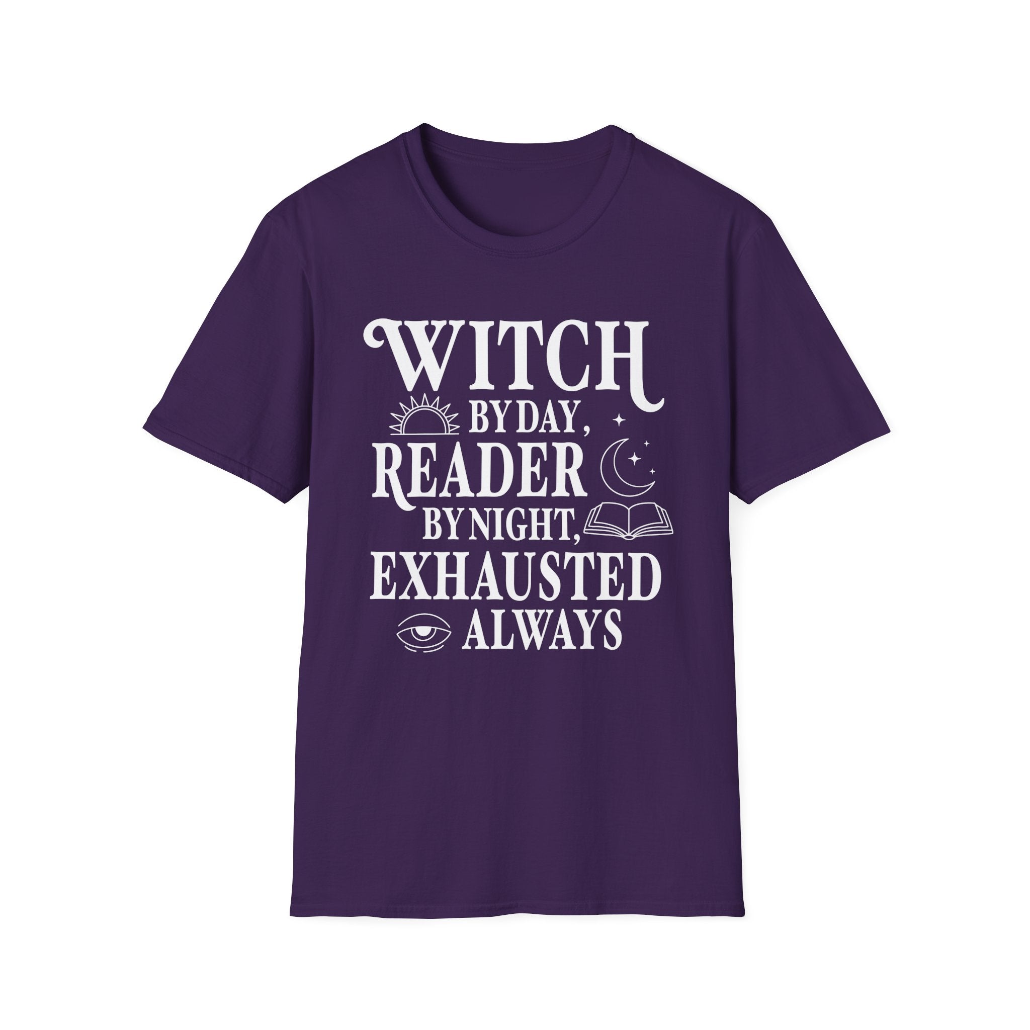 Witch by day, reader by night, exhausted always - Typography T-Shirt