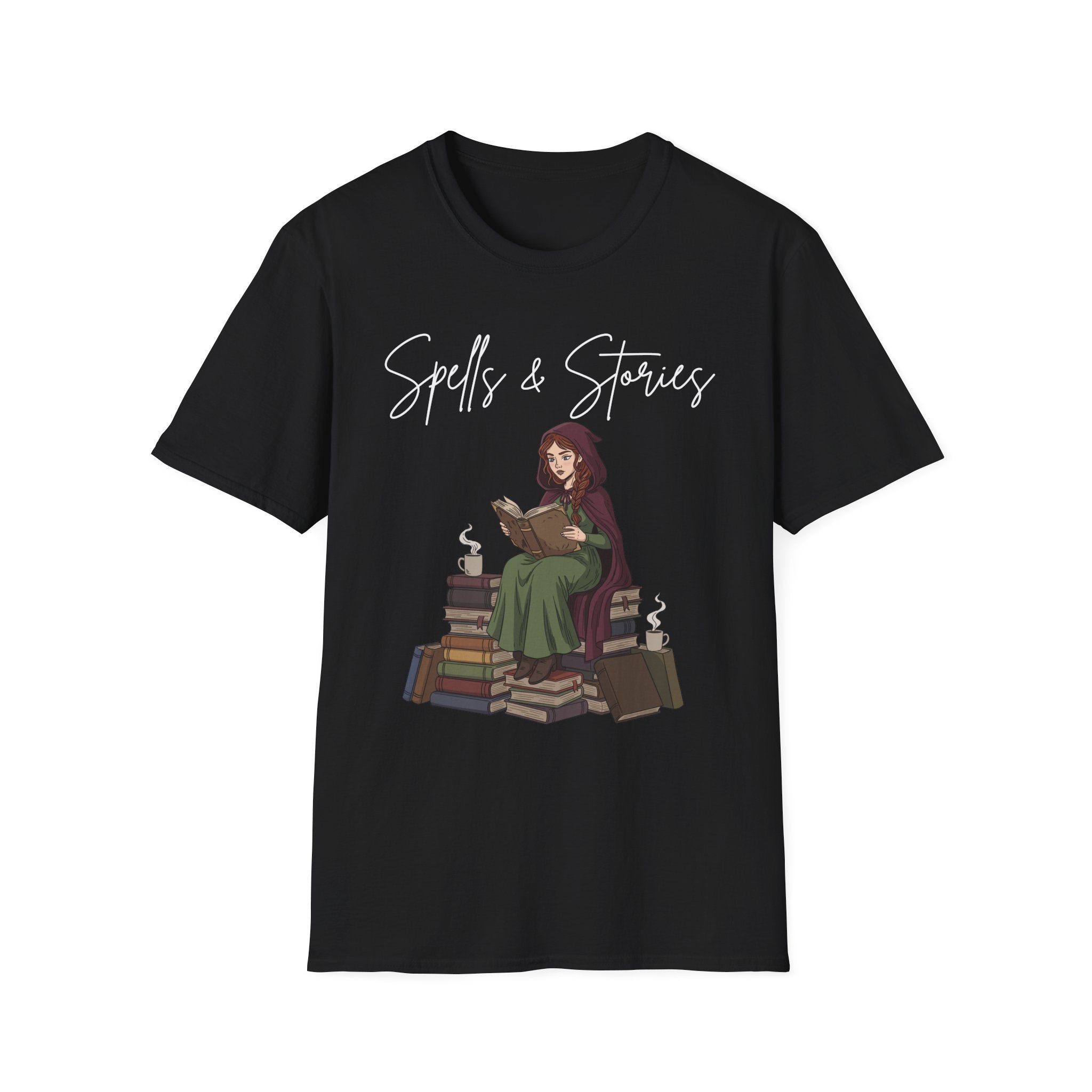 Spells & Stories - Reading Witch Sitting on a Pile of Books Graphic T-Shirt
