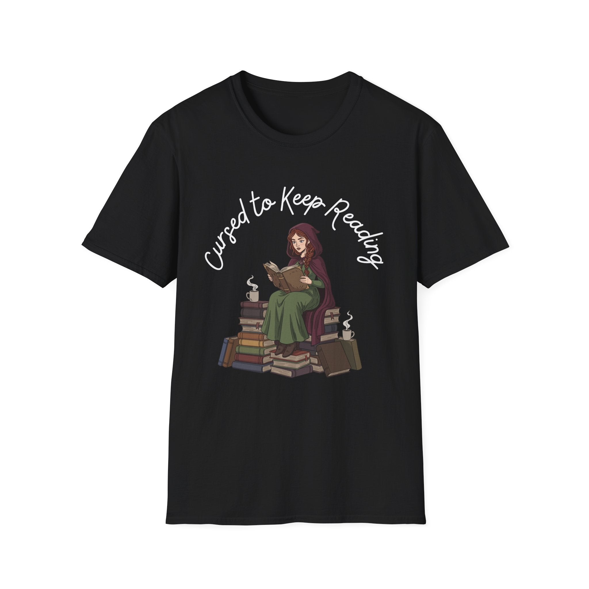 Cursed To Keep Reading - Reading Witch Sitting on a Pile of Books Graphic T-Shirt