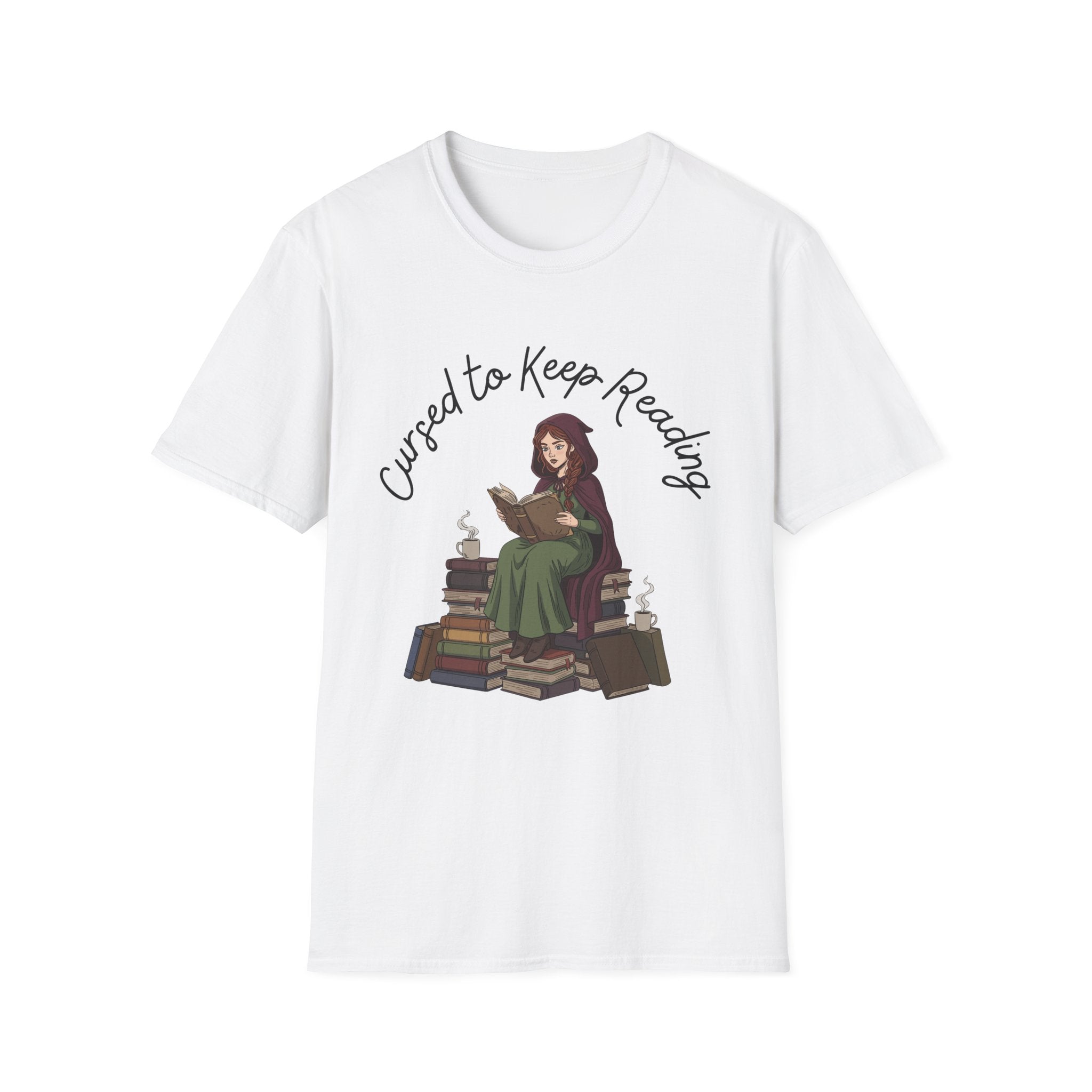 Cursed To Keep Reading - Reading Witch Sitting on a Pile of Books Graphic T-Shirt