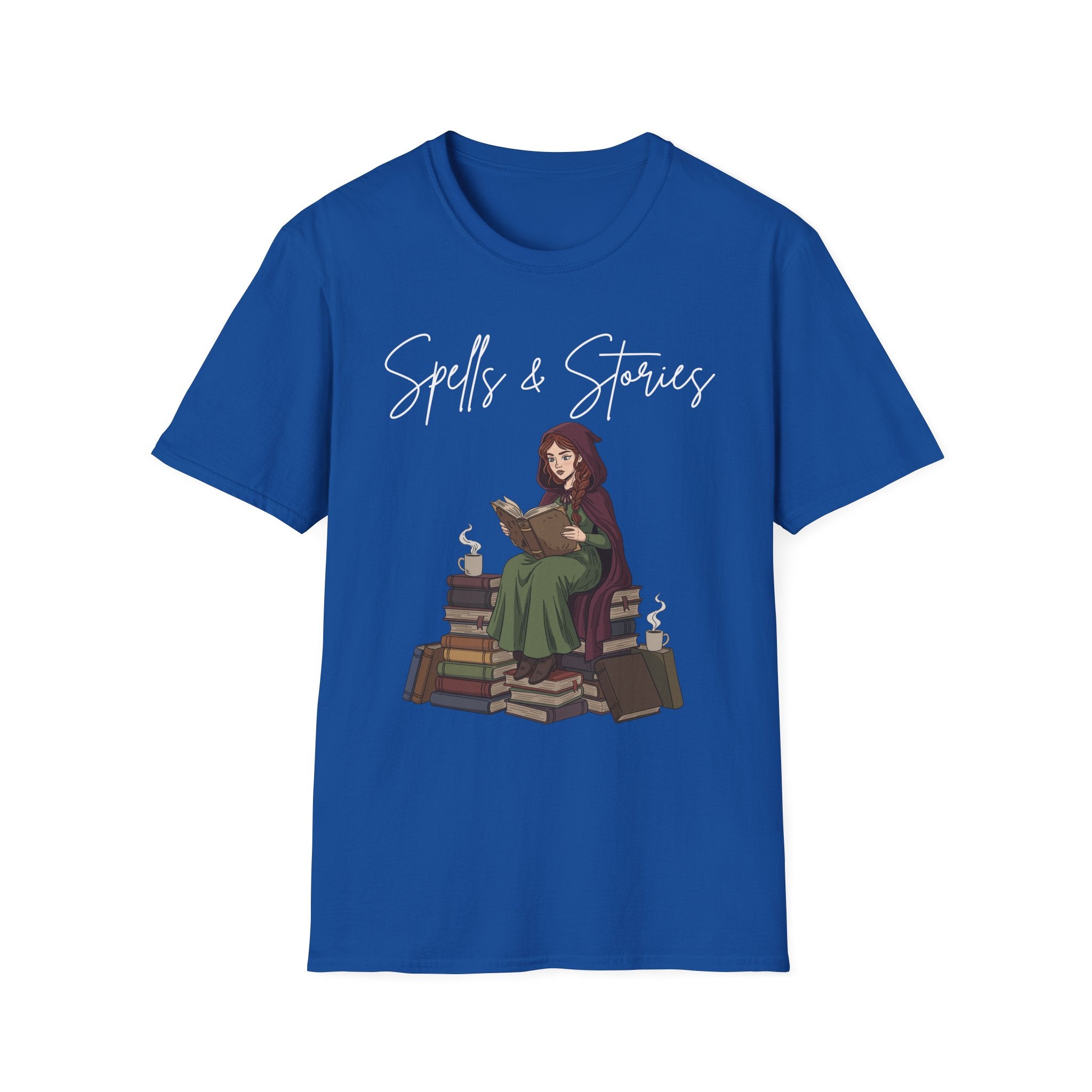 Spells & Stories - Reading Witch Sitting on a Pile of Books Graphic T-Shirt
