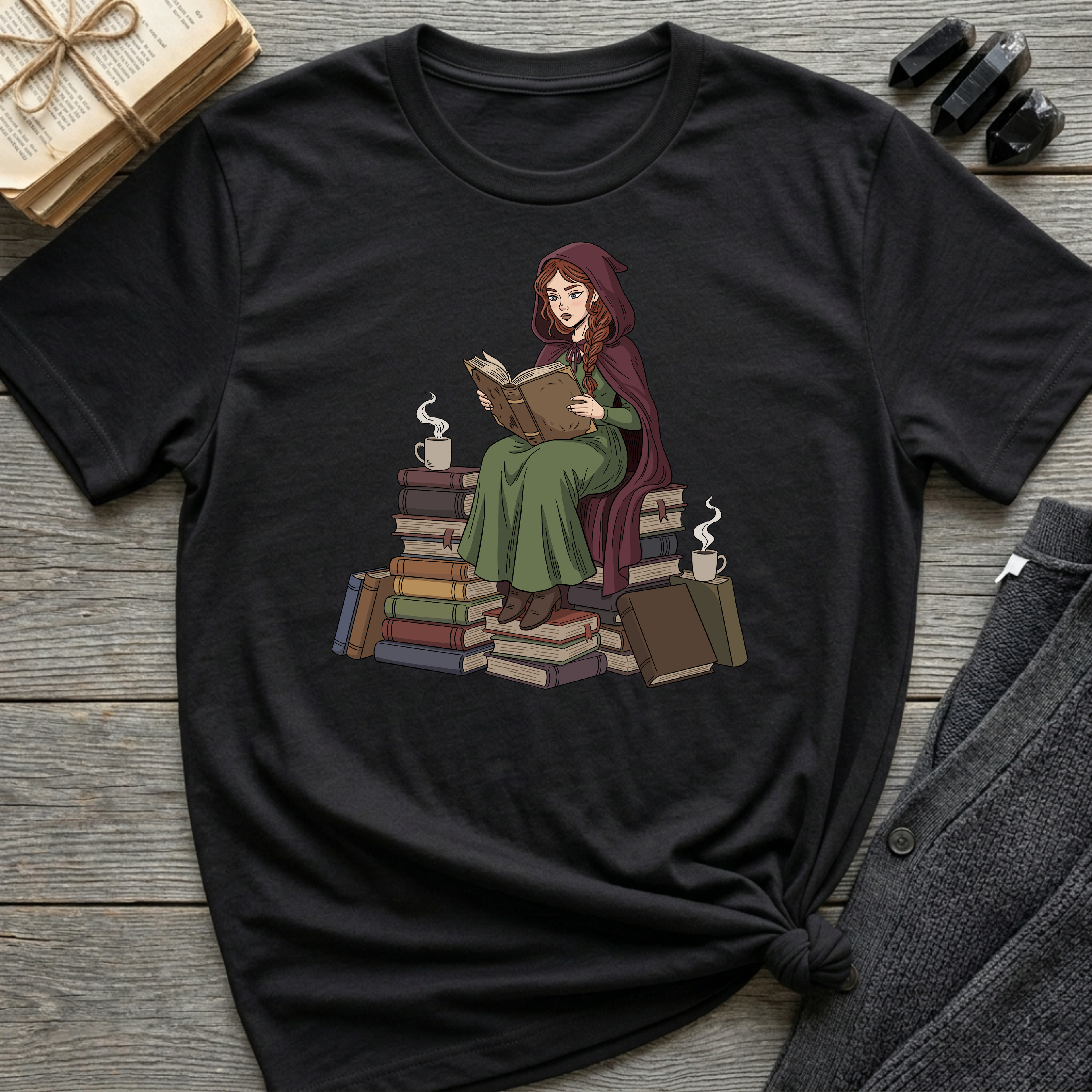 Reading Witch Sitting on a Pile of Books - Graphic T-Shirt