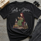 Spells & Stories - Reading Witch Sitting on a Pile of Books Graphic T-Shirt