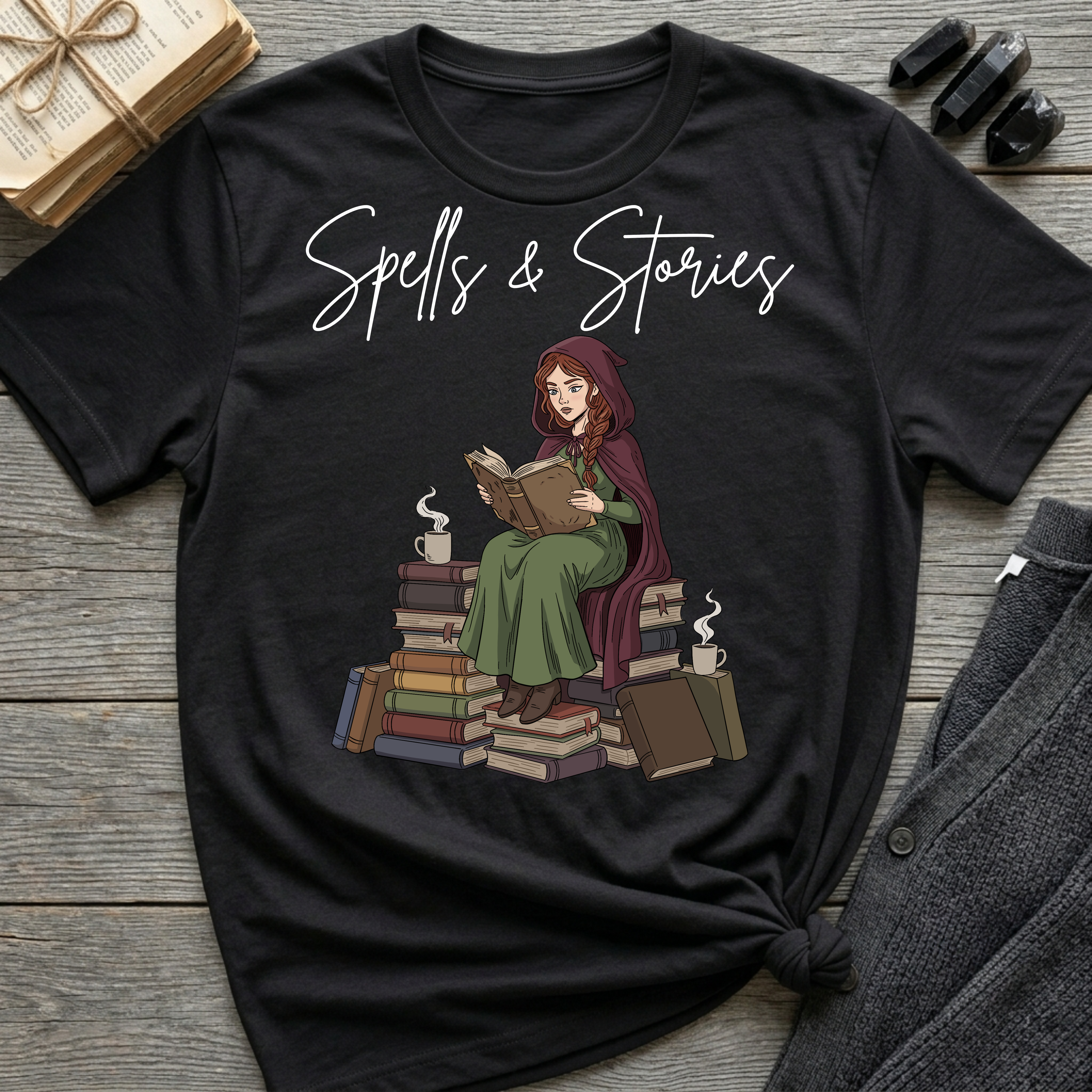 Spells & Stories - Reading Witch Sitting on a Pile of Books Graphic T-Shirt