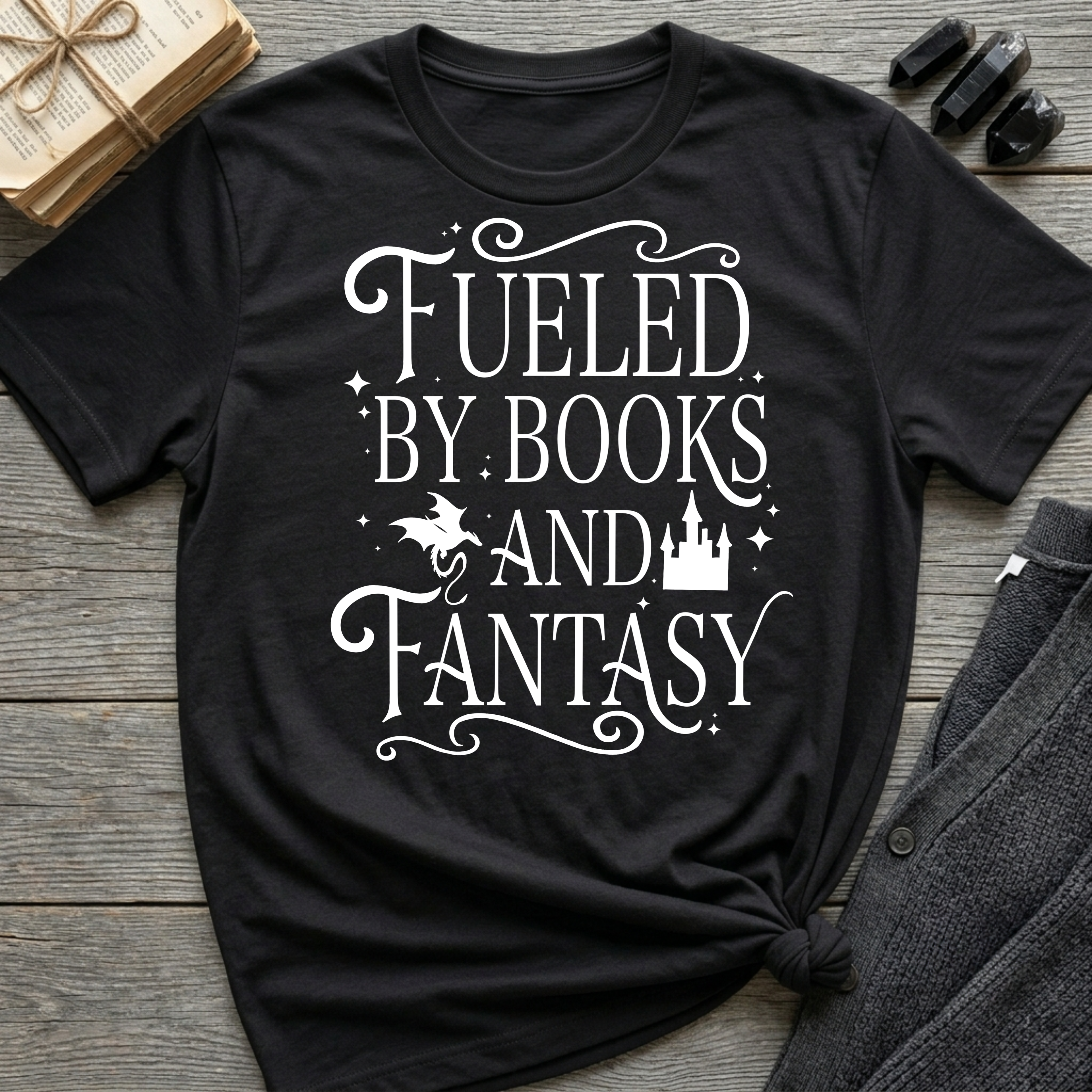 Fueled By Books and Fantasy - Typography T-Shirt