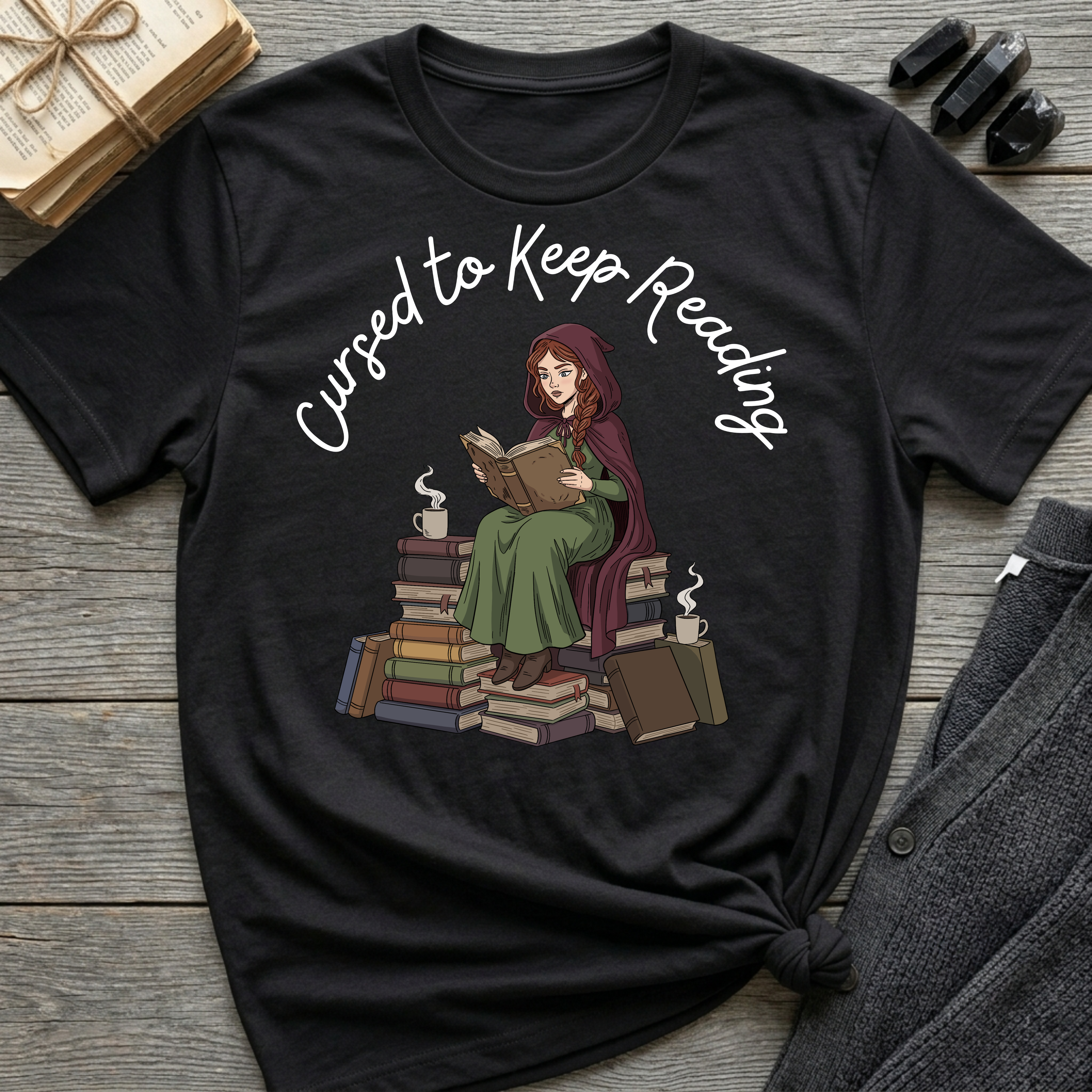 Cursed To Keep Reading - Reading Witch Sitting on a Pile of Books Graphic T-Shirt