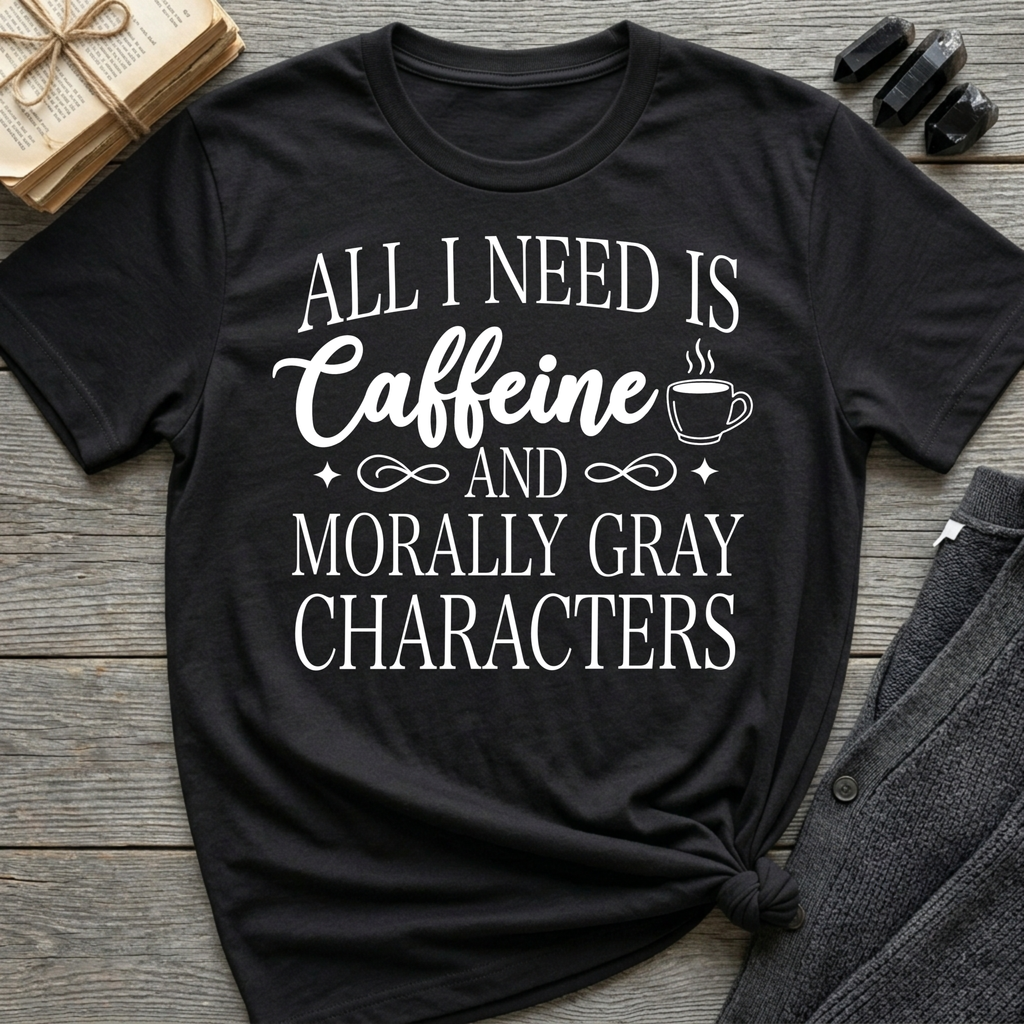 All I Need Is Caffeine and Morally Grey Characters - Typography T-Shirt