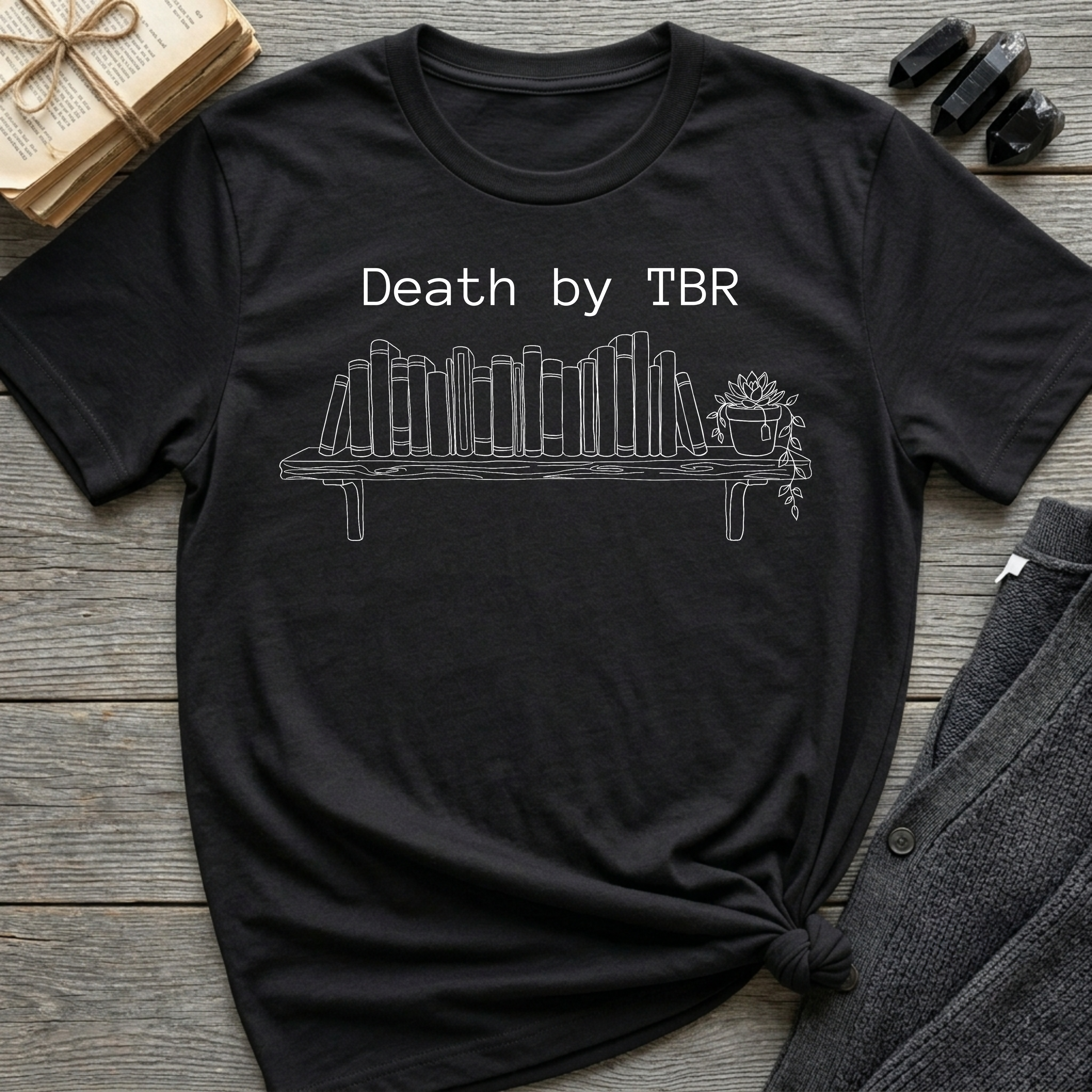 Death by TBR - Book shelf with plant T-Shirt
