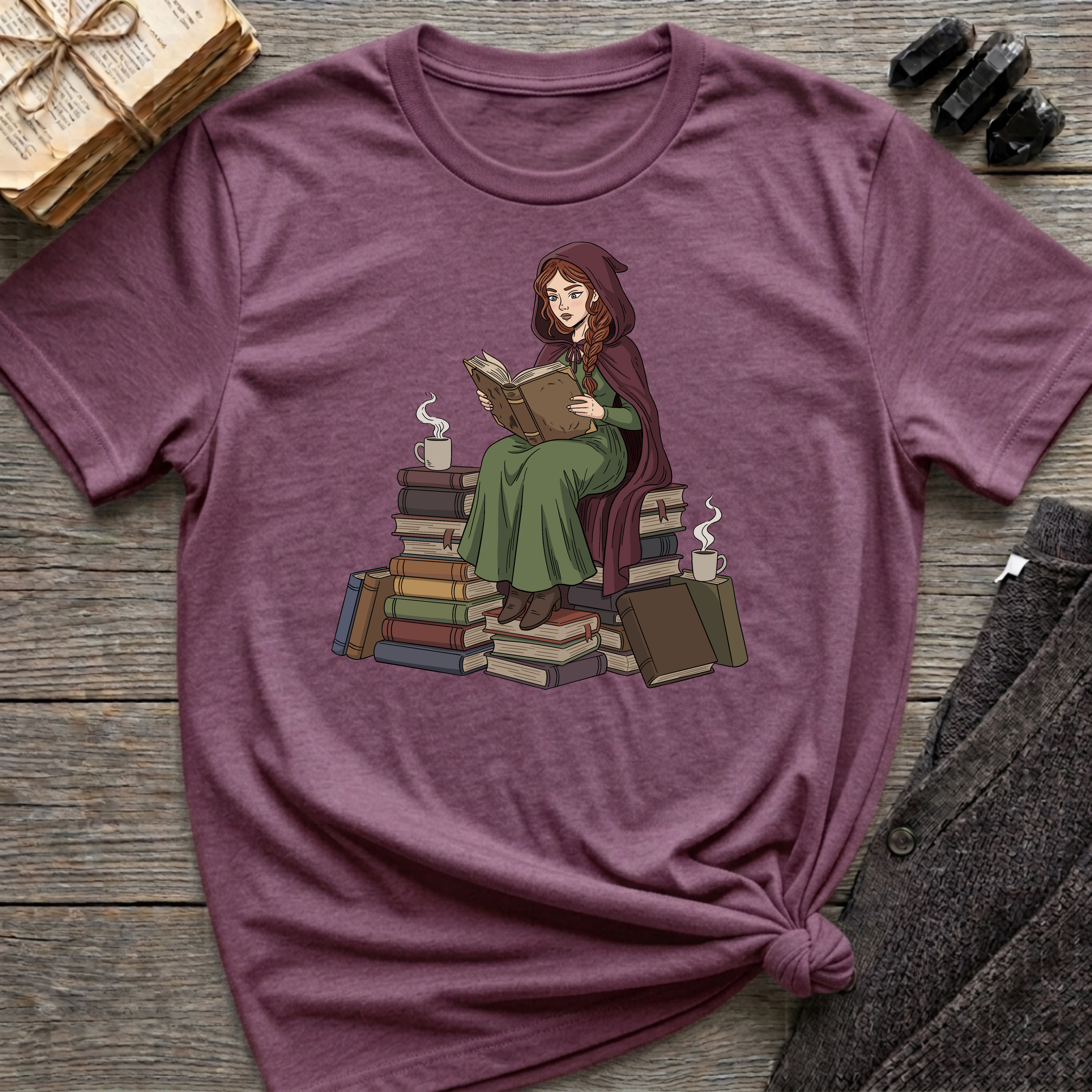Reading Witch Sitting on a Pile of Books - Graphic T-Shirt