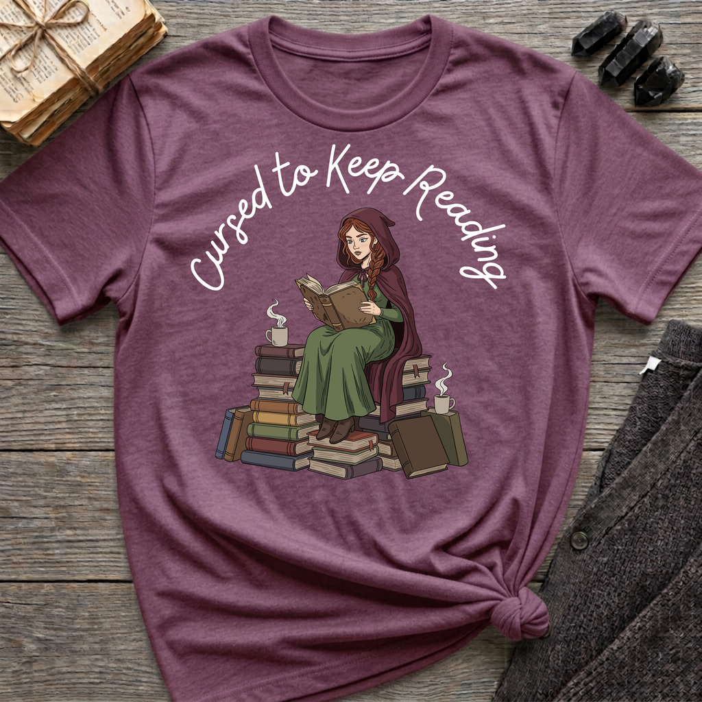 Cursed To Keep Reading - Reading Witch Sitting on a Pile of Books Graphic T-Shirt