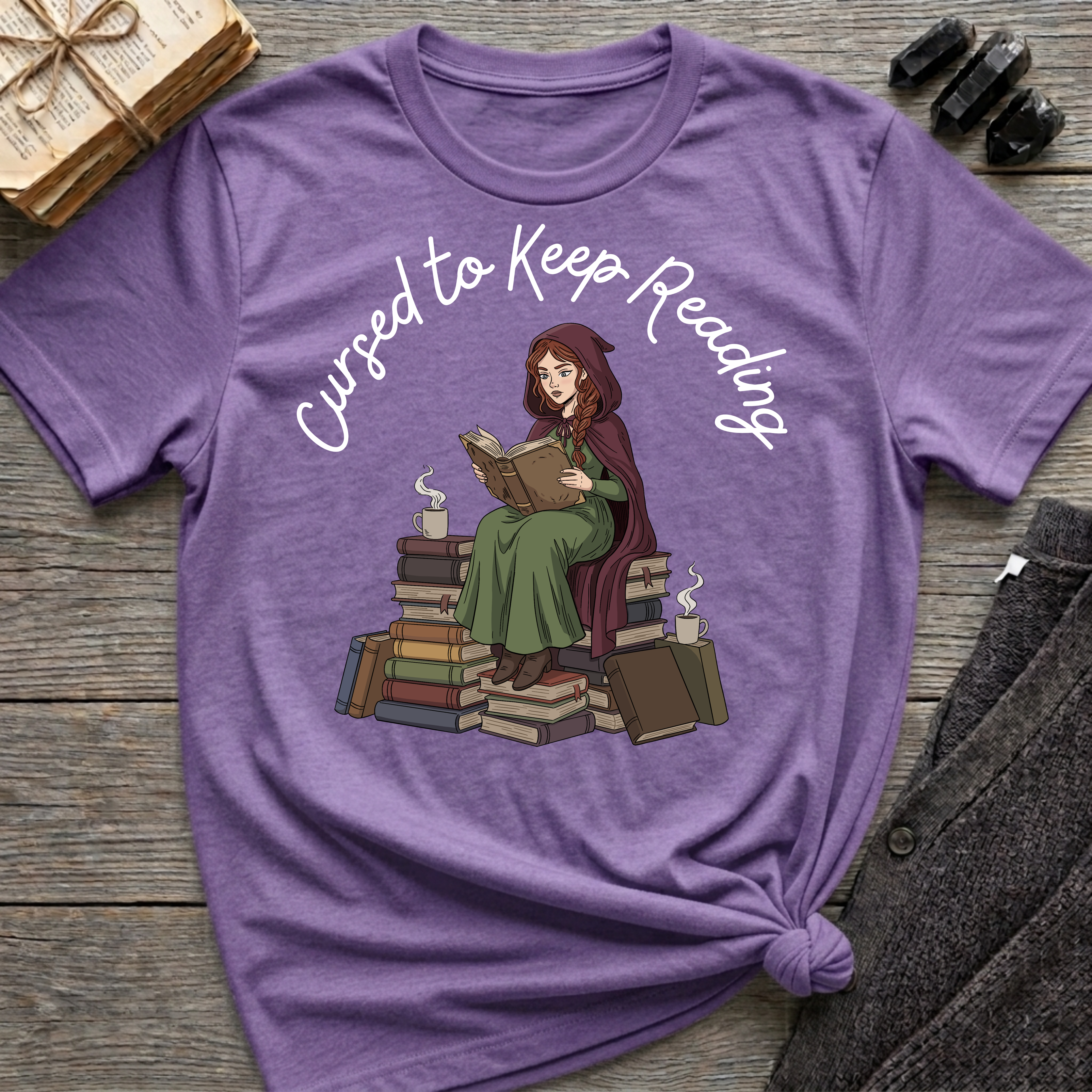 Cursed To Keep Reading - Reading Witch Sitting on a Pile of Books Graphic T-Shirt