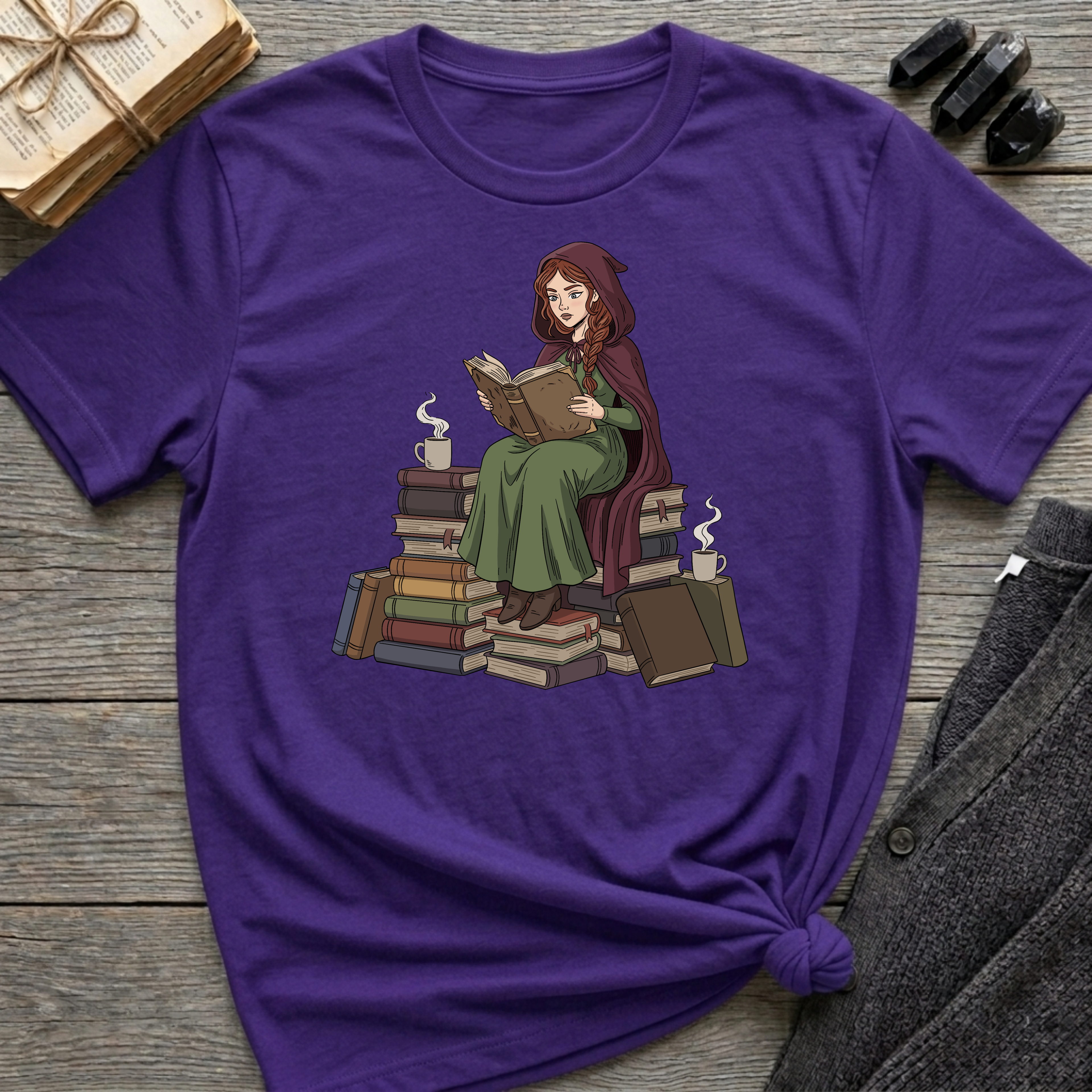 Reading Witch Sitting on a Pile of Books - Graphic T-Shirt