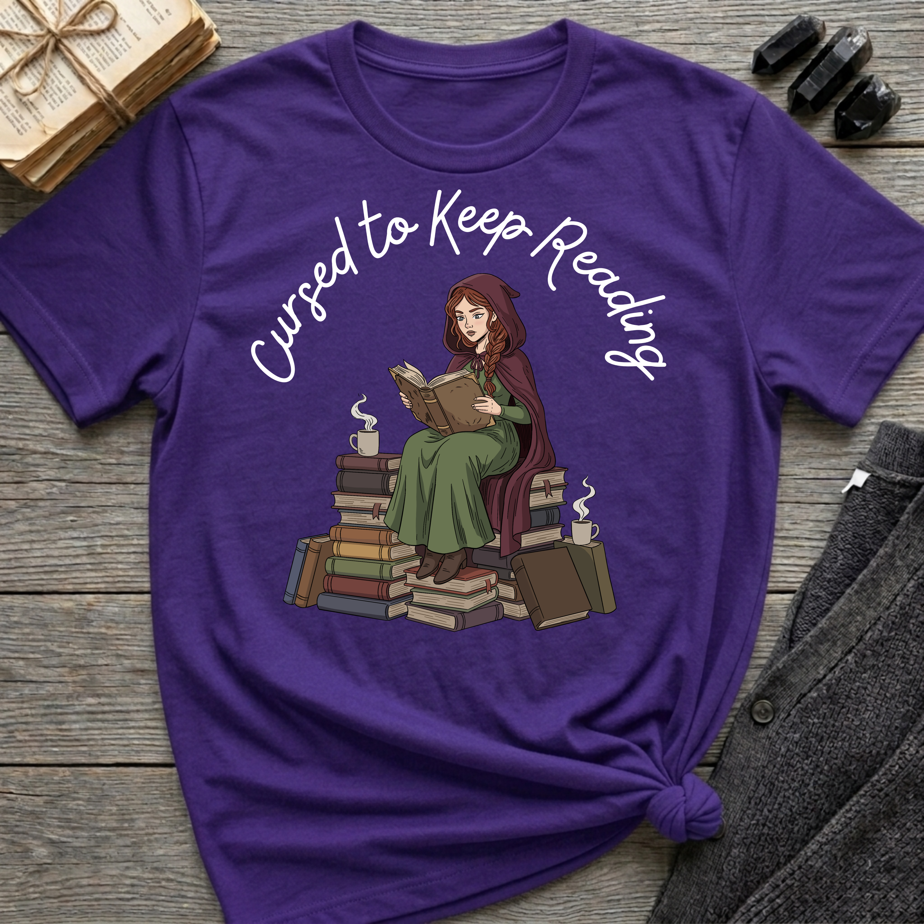 Cursed To Keep Reading - Reading Witch Sitting on a Pile of Books Graphic T-Shirt