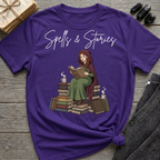 Spells & Stories - Reading Witch Sitting on a Pile of Books Graphic T-Shirt