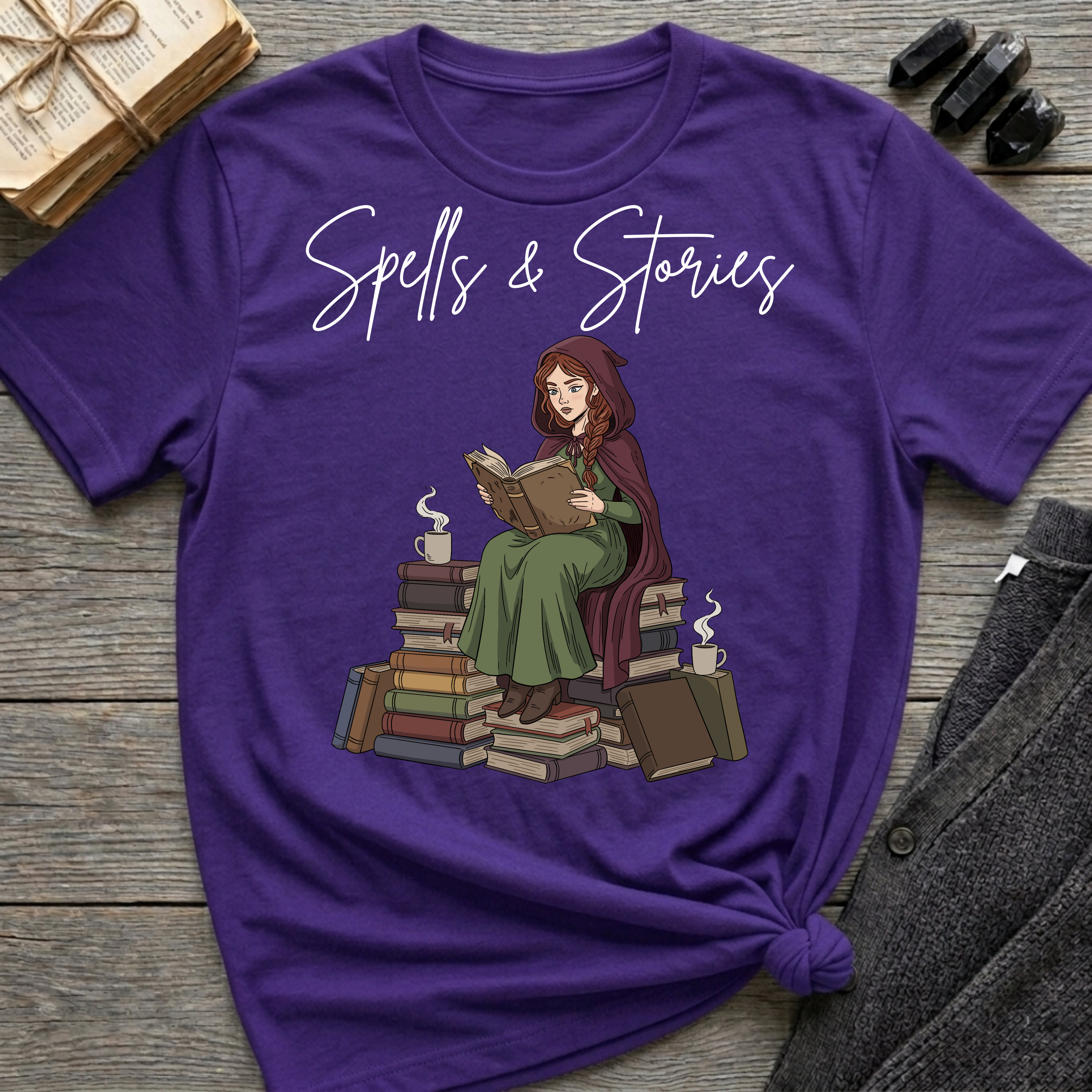 Spells & Stories - Reading Witch Sitting on a Pile of Books Graphic T-Shirt