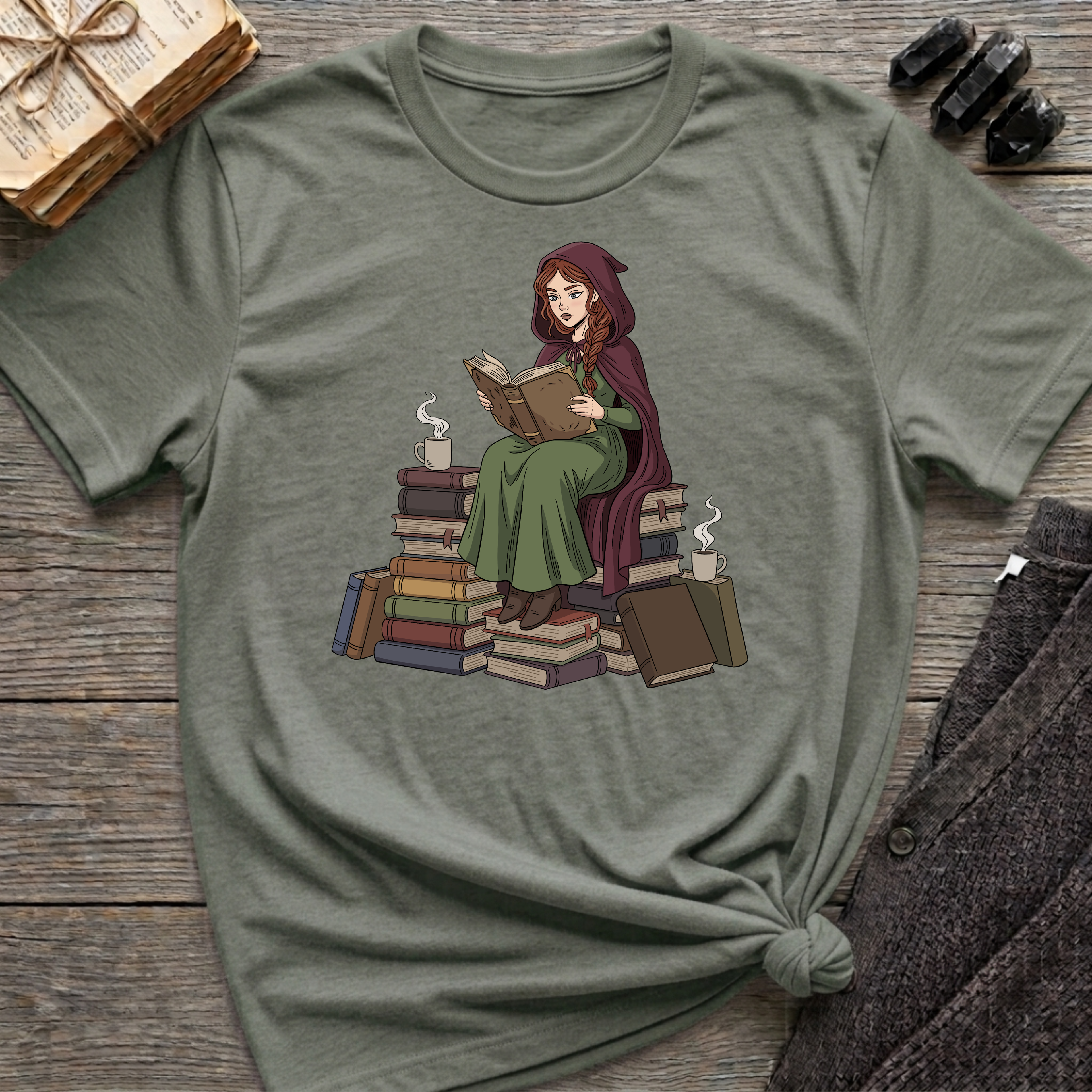 Reading Witch Sitting on a Pile of Books - Graphic T-Shirt