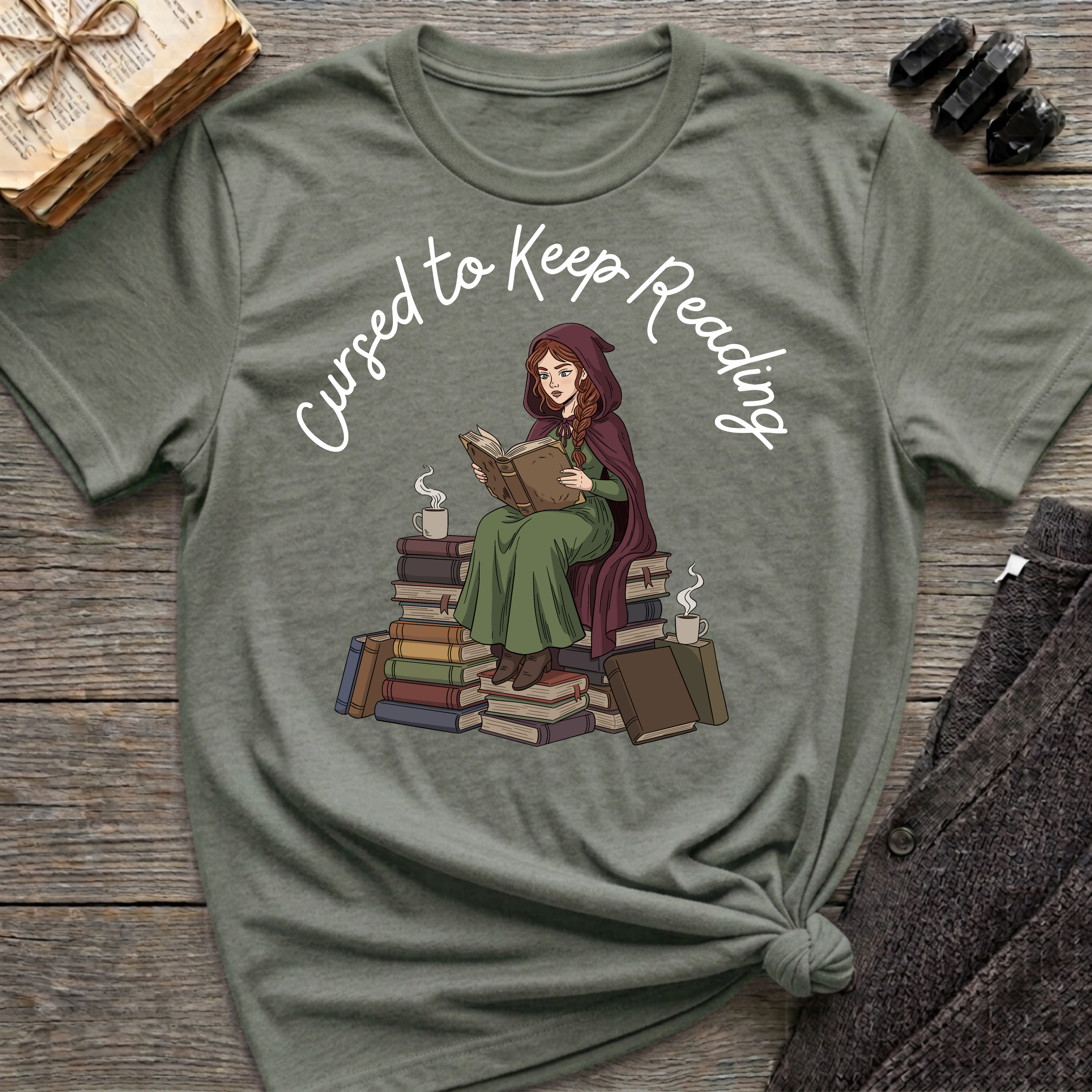 Cursed To Keep Reading - Reading Witch Sitting on a Pile of Books Graphic T-Shirt