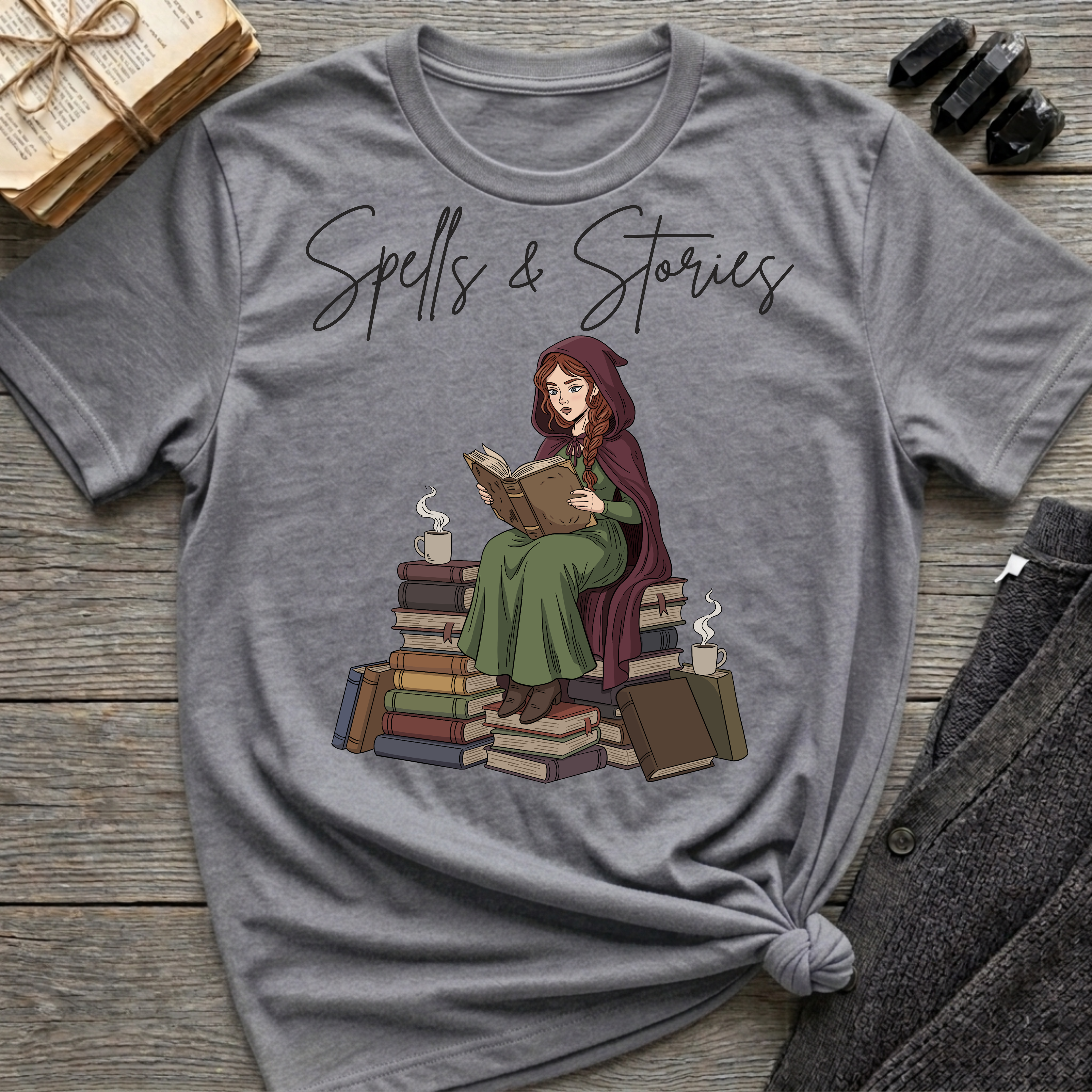 Spells & Stories - Reading Witch Sitting on a Pile of Books Graphic T-Shirt