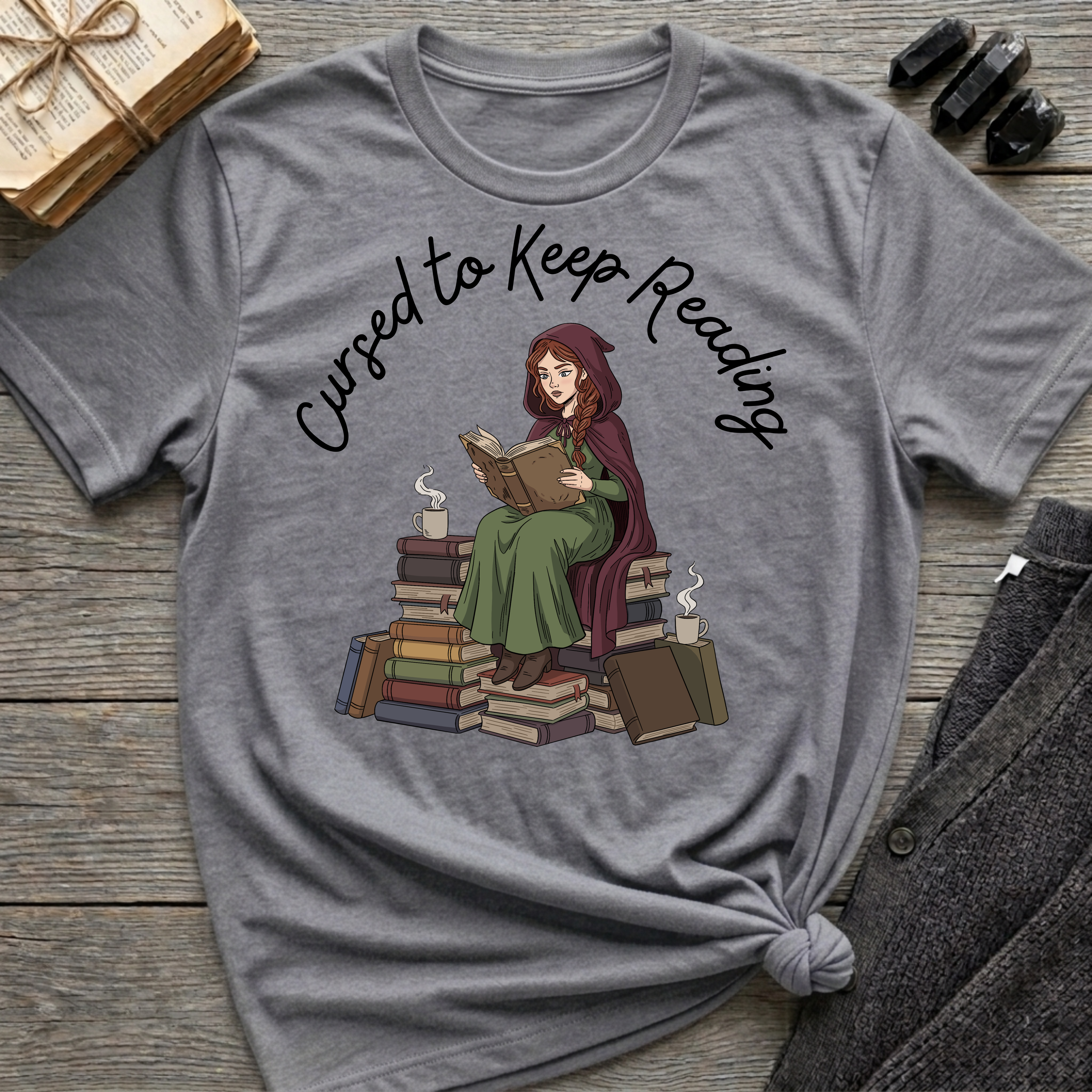 Cursed To Keep Reading - Reading Witch Sitting on a Pile of Books Graphic T-Shirt
