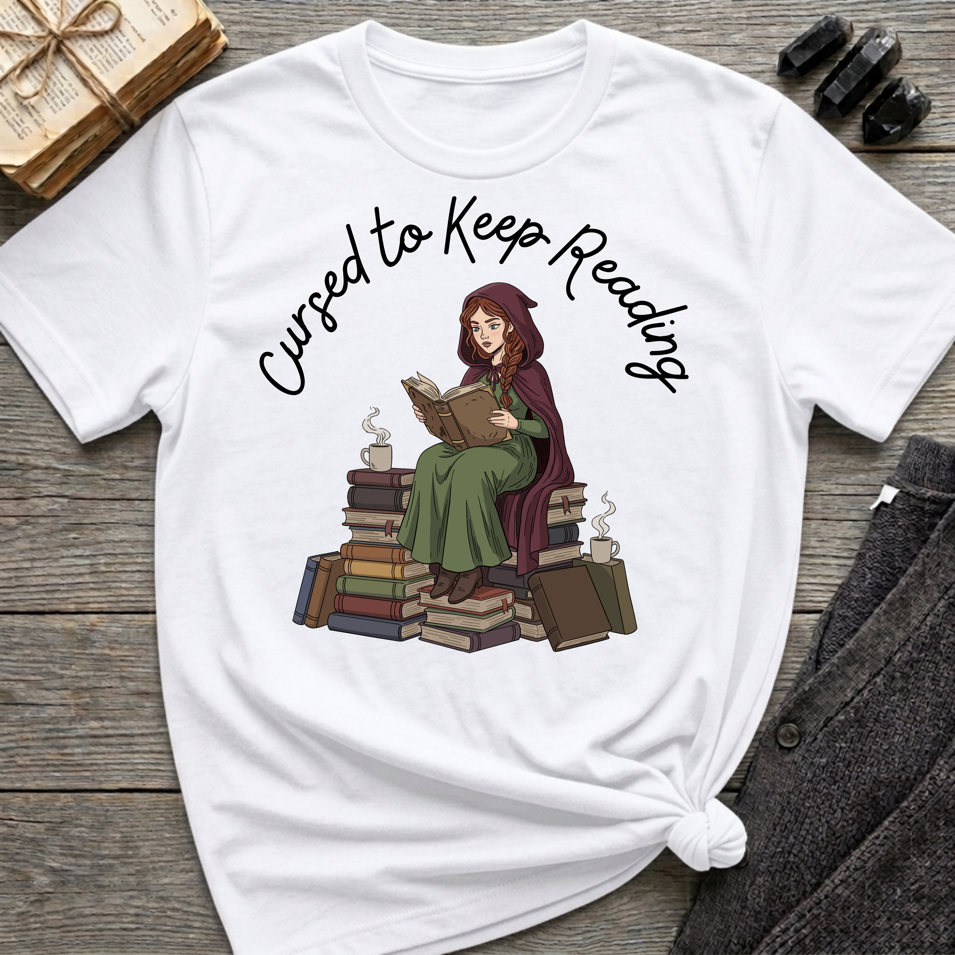 Cursed To Keep Reading - Reading Witch Sitting on a Pile of Books Graphic T-Shirt