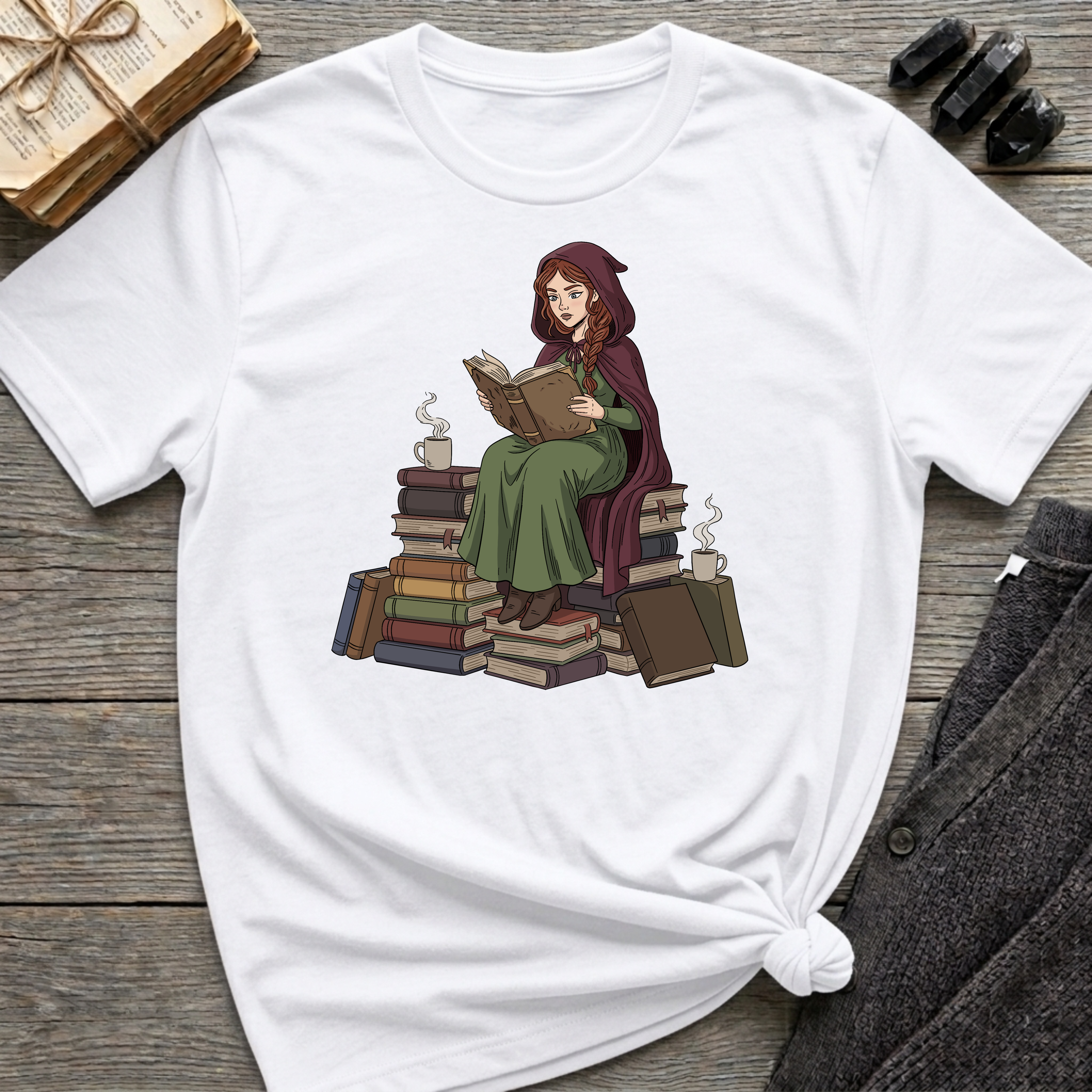 Reading Witch Sitting on a Pile of Books - Graphic T-Shirt