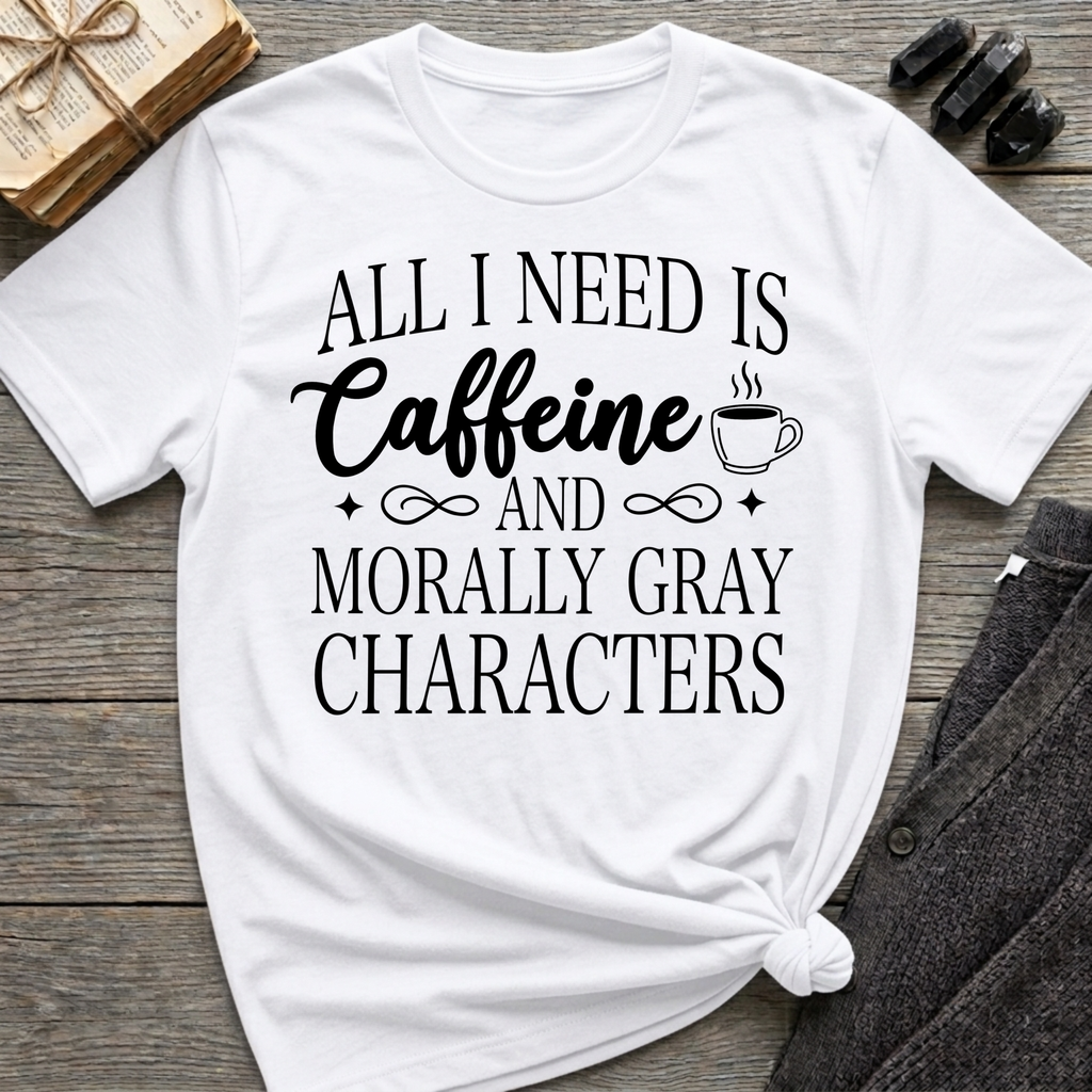 All I Need Is Caffeine and Morally Grey Characters - Typography T-Shirt