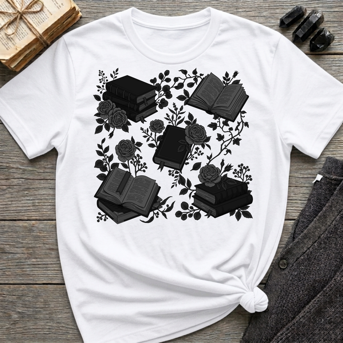 Books & Flowers Graphic T-Shirt
