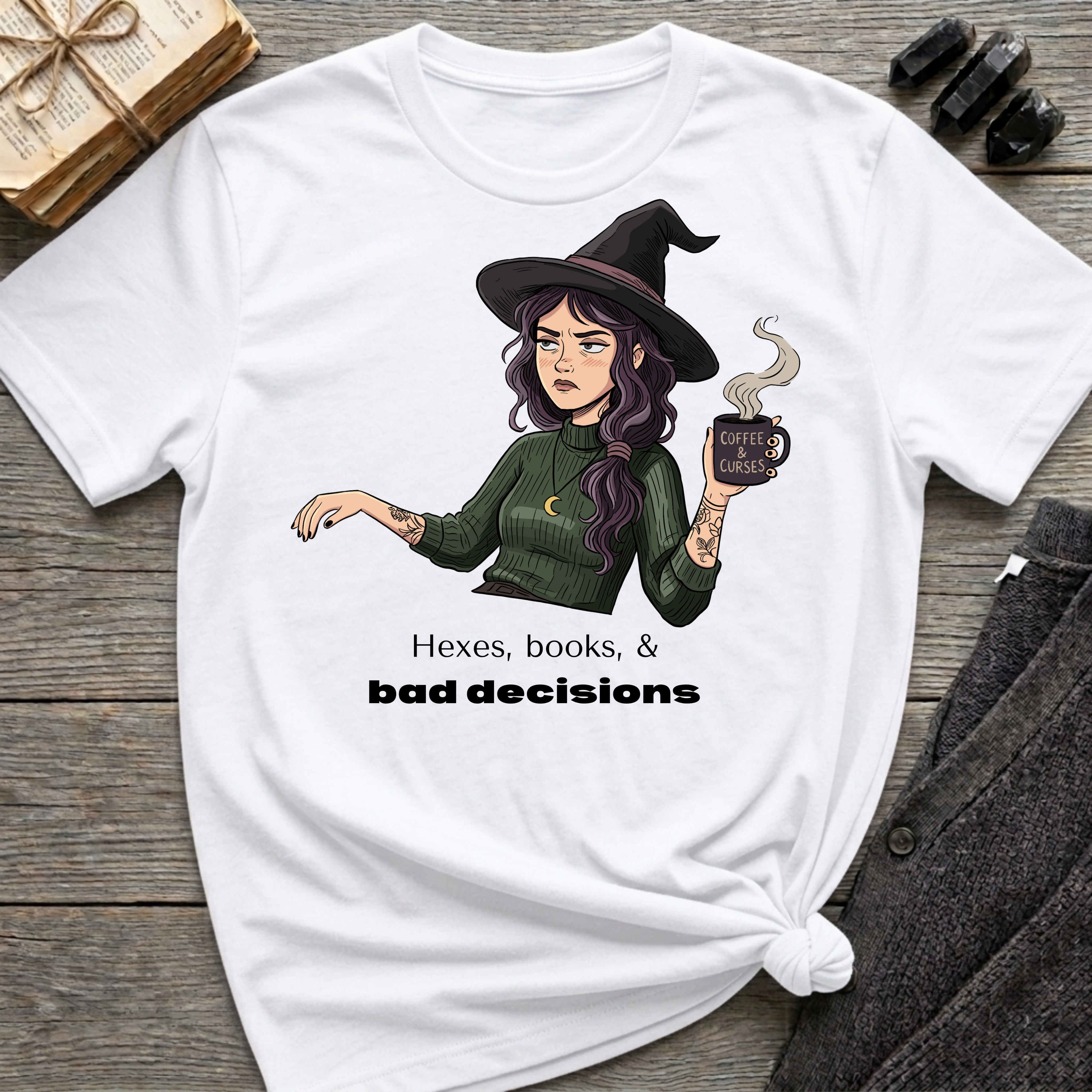 Hexes, books, & bad decisions - Moody Witch Graphic T-Shirt
