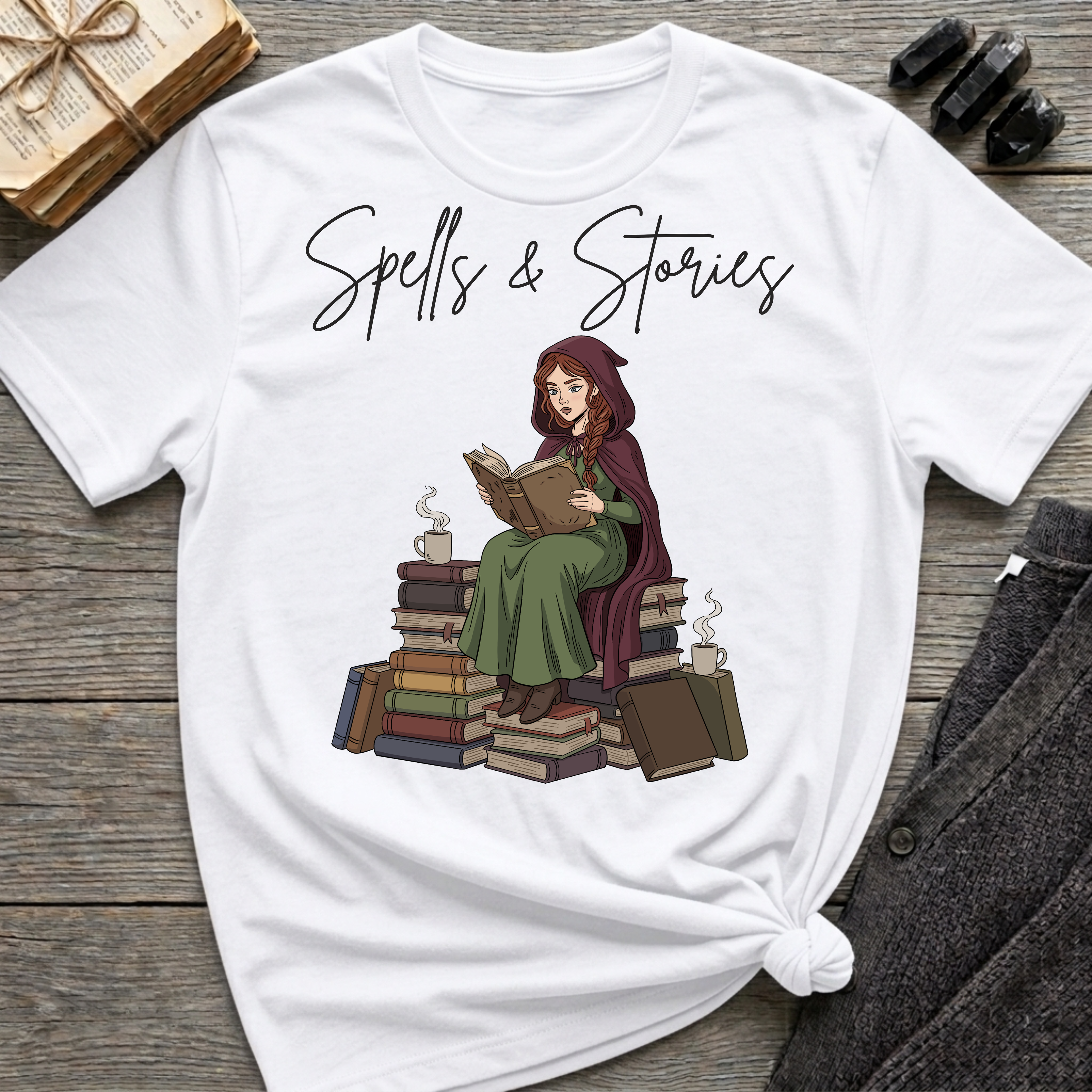 Spells & Stories - Reading Witch Sitting on a Pile of Books Graphic T-Shirt